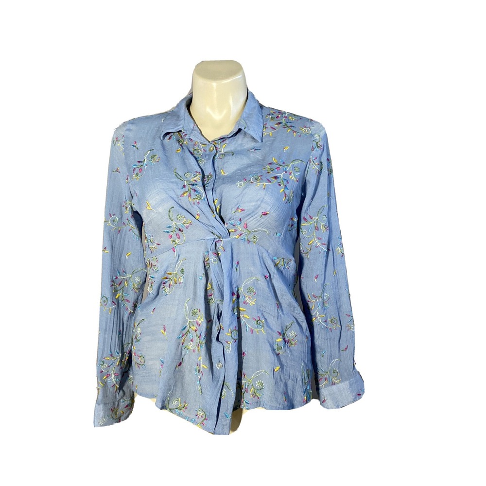 HOPE SPRINGS Top LARGE Dusty Blue Floral‎ Embroider Crinkle Button Twist Unique